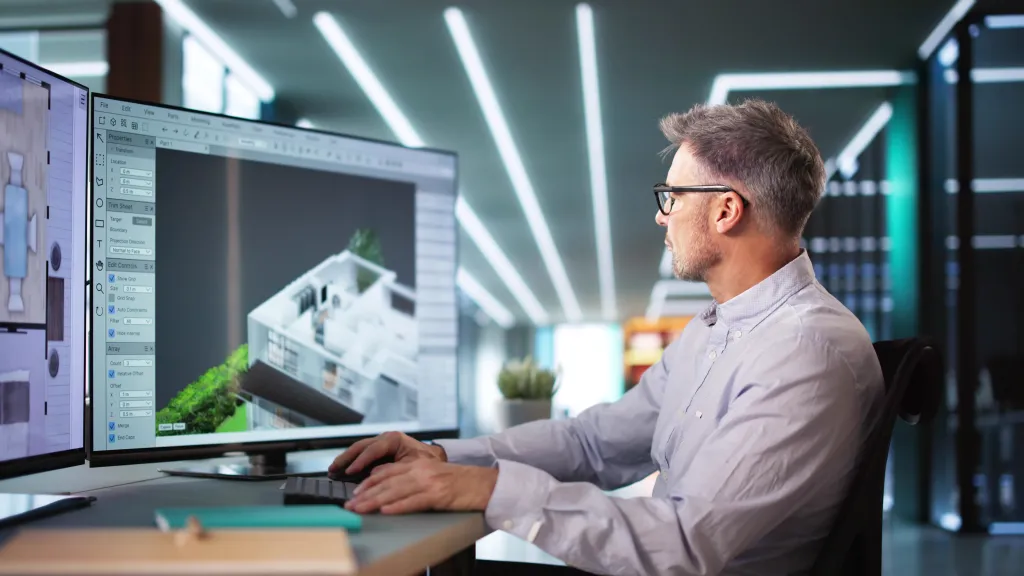 Architect working on 3D building model using multiple computer monitors.