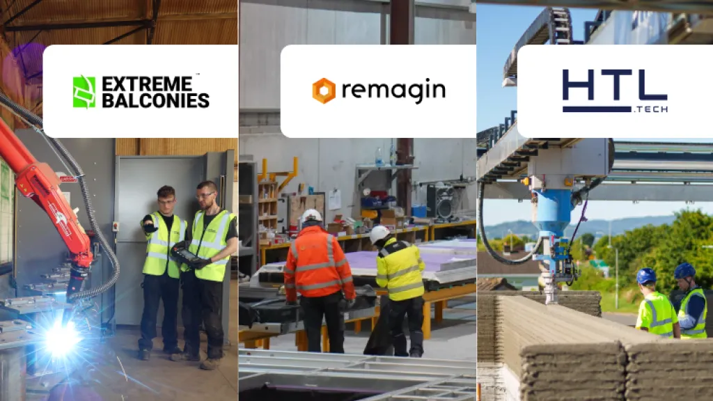 Three-panel collage showing: (left) a person monitoring a robotic welding arm in a workshop; (centre) workers in hi-vis jackets assembling modular frames indoors; (right) a 3D printing machine constructing concrete walls outdoors, with two people observing.
