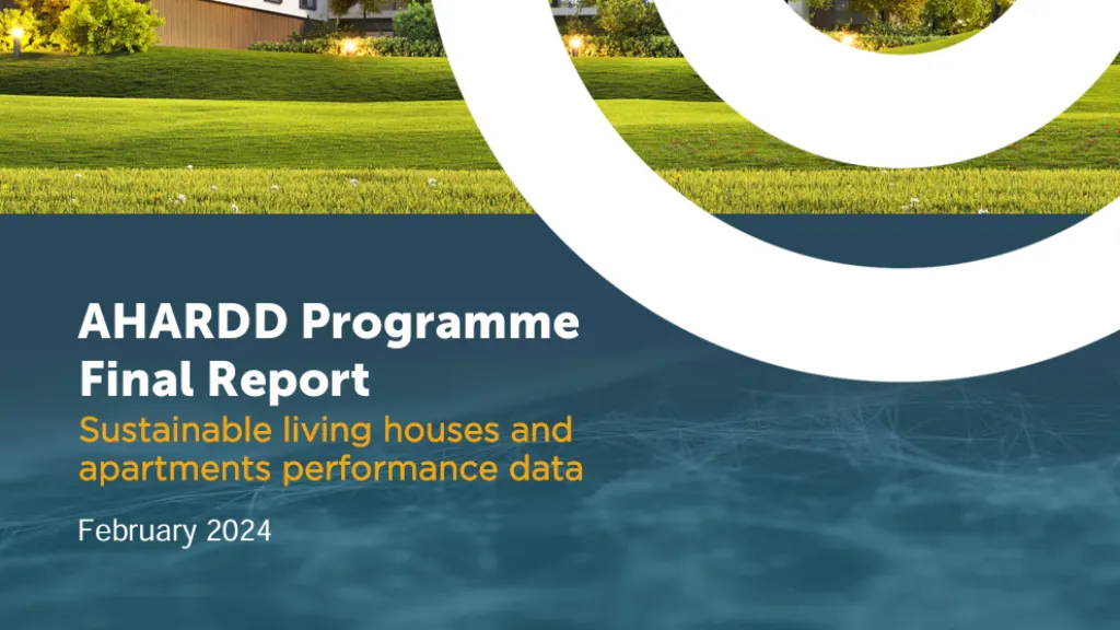 Cover page of the AHARDD Programme Final Report titled 'Sustainable living houses and apartments performance data"