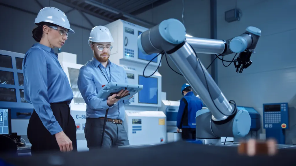 Two engineers in hard hats use a tablet to program a robotic arm on a factory floor.