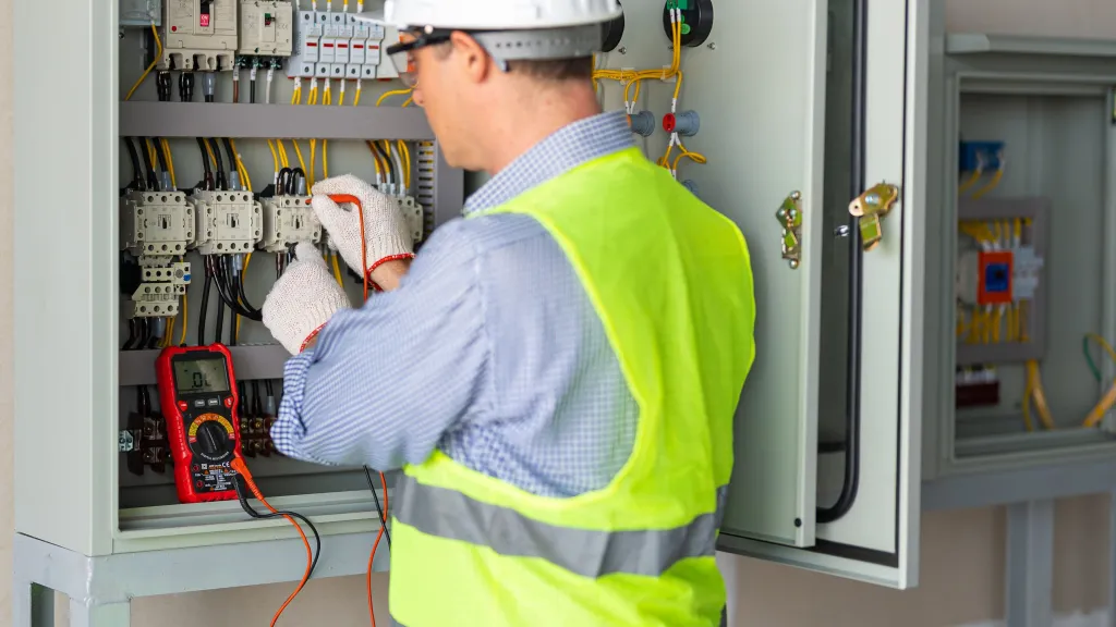Person wearing a hard hat, high-visibility vest, and gloves using a multimeter to check electrical connections inside an open control panel.