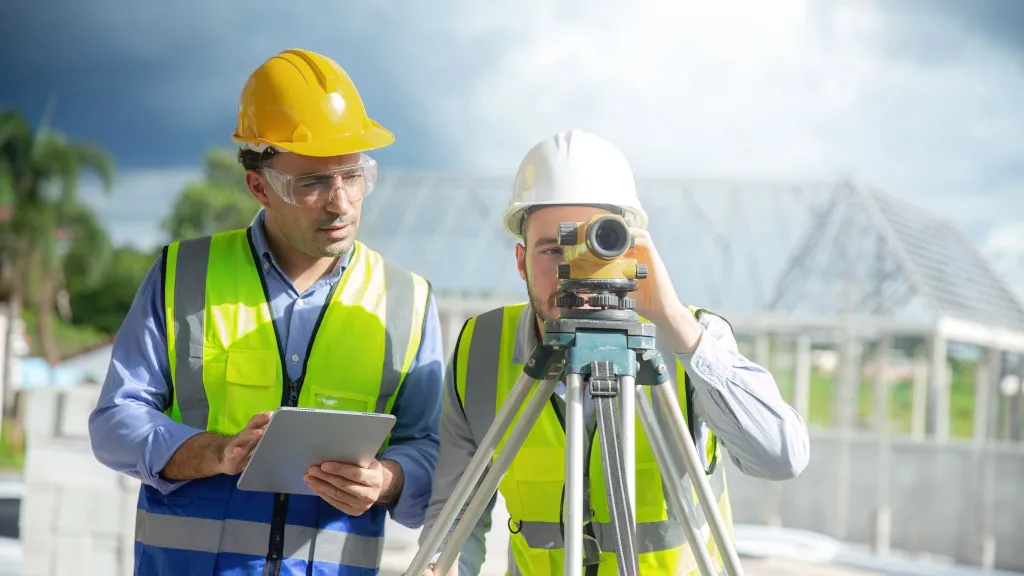 Two people wearing hard hats and reflective vests working at a construction site, with one person using a surveyor’s level on a tripod and the other holding a tablet.