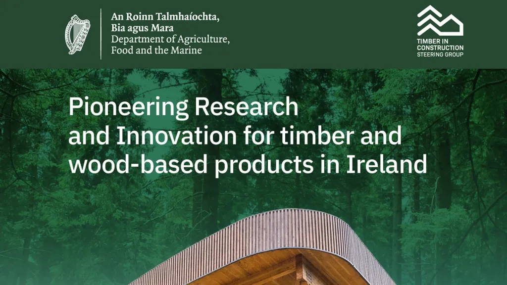 Logo promoting timber research and innovation in Ireland with green forest background.