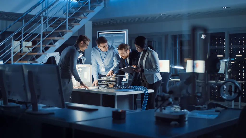 A team of professionals collaborating around digital screens in a dark office environment.