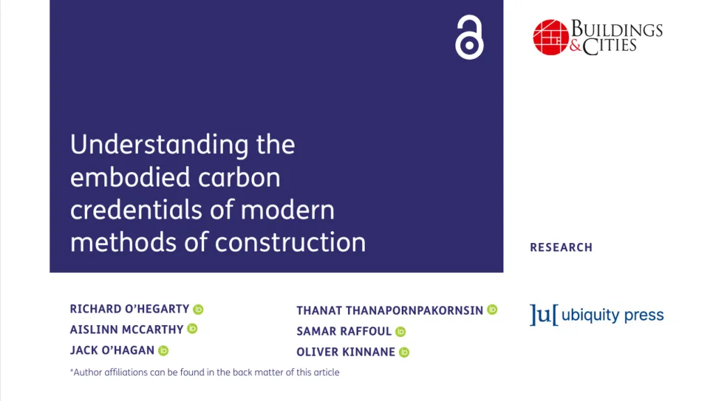 Cover page of a research article titled “Understanding the embodied carbon credentials of modern methods of construction.”