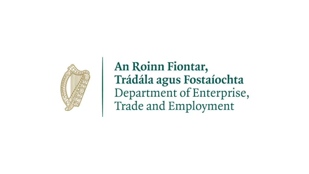 Logo of Irish government Department of Enterprise, Trade and Employment with golden harp emblem