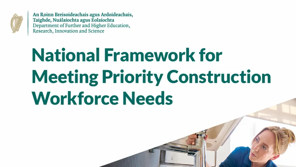 Graphic: National Framework for Meeting Priority Construction Workforce Needs document cover with a woman reviewing plans.