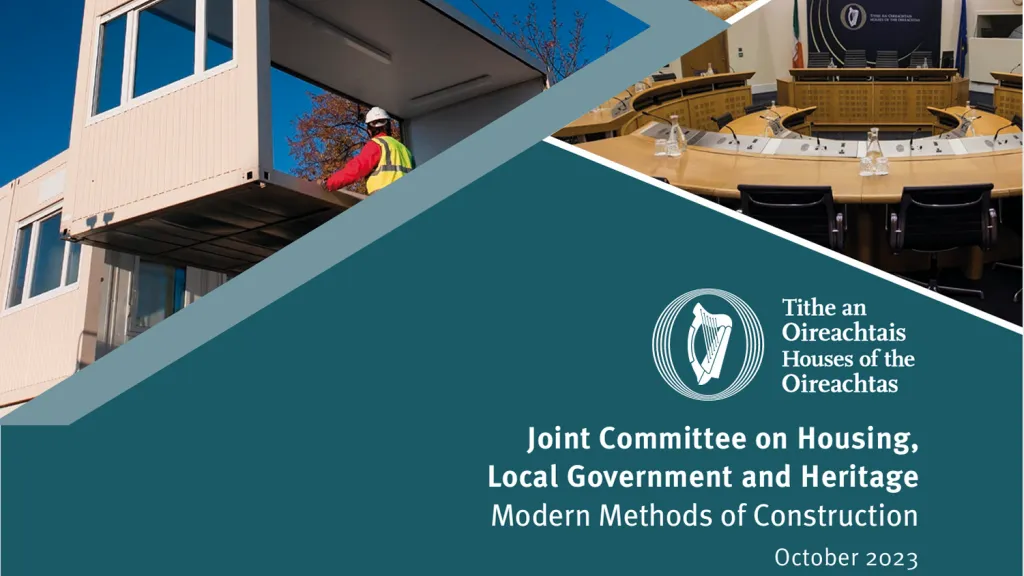 Construction workers on a building site, with Irish government committee report cover on housing and modern construction methods.