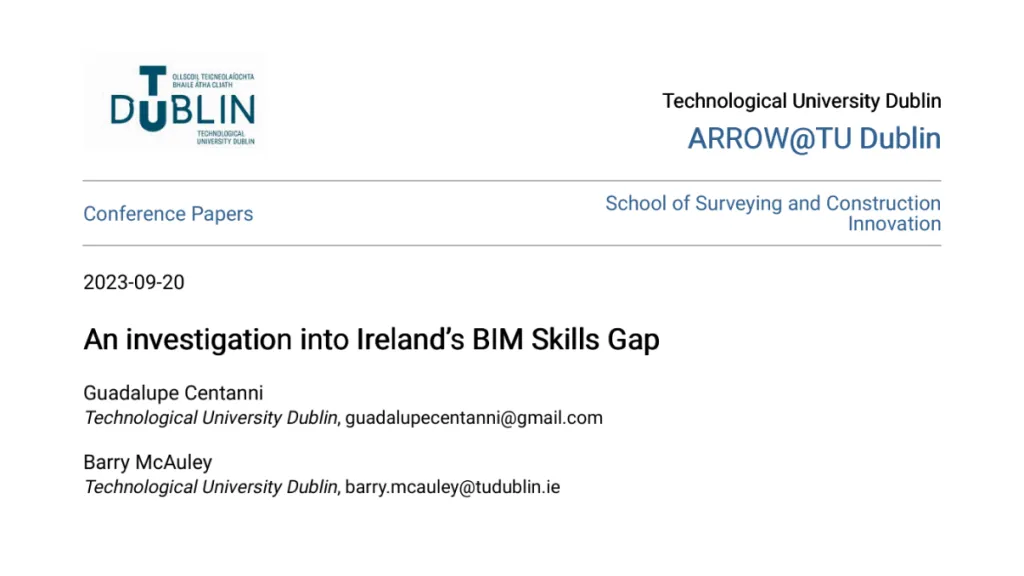 Conference paper title page: "An investigation into Ireland's BIM Skills Gap," TU Dublin, 2023.