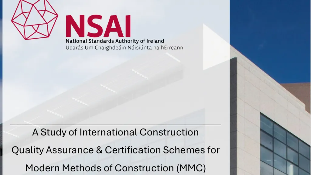 NSAI logo and cover page for a study on International Construction Quality Assurance &amp; Certification Schemes for MMC.