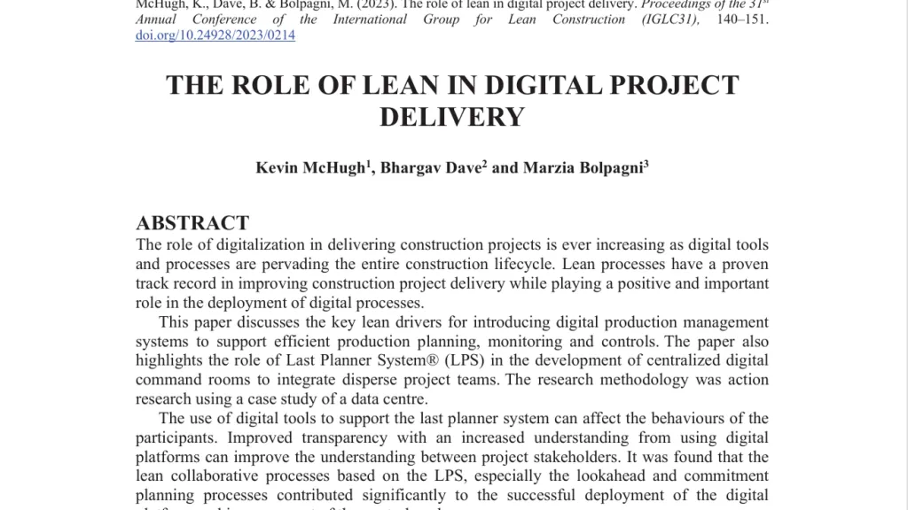 Academic paper titled "The Role of Lean in Digital Project Delivery" with abstract text visible.