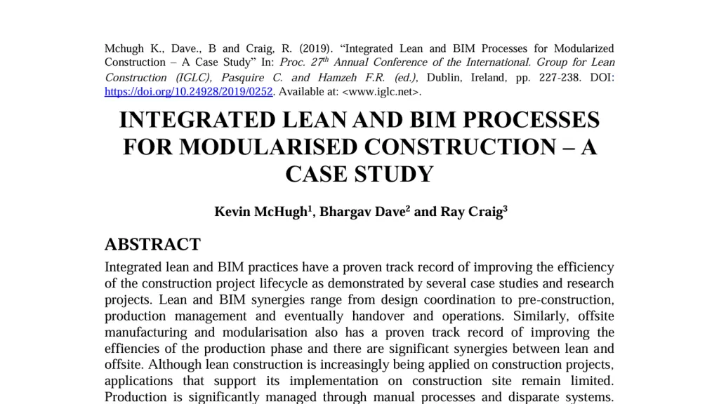 Academic paper titled "Integrated Lean and BIM Processes for Modularised Construction – A Case Study."