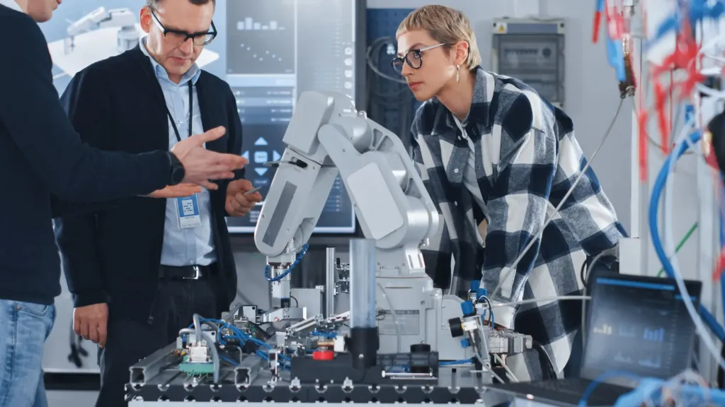 Group of people working with a robert at the lab