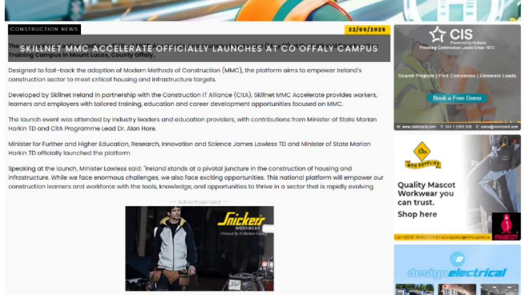 Screenshot of ConstructionIreland.ie website homepage with search and company listings.