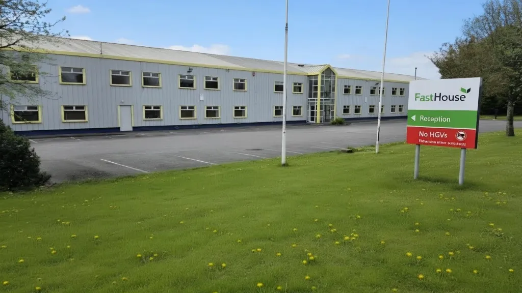Two-story yellow office building with a green lawn and a red company sign in front.