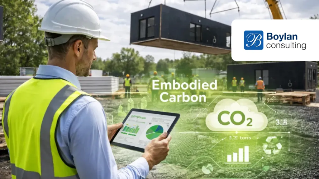 Construction worker in high-vis vest holding tablet, with "Embodied Carbon" and CO2 graphics overlay, Boylan Consulting logo.
