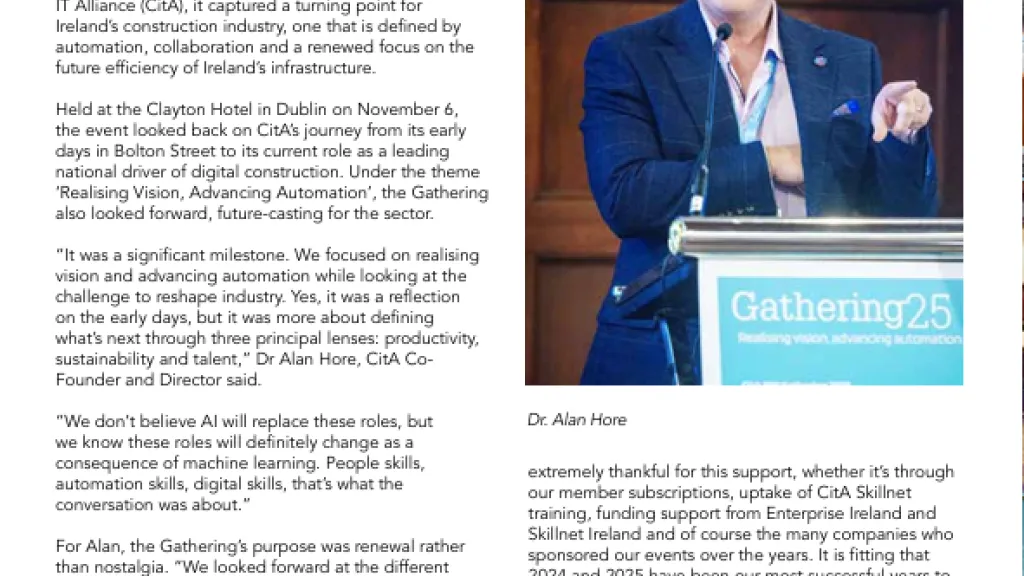 Magazine article featuring a man speaking at a podium with a blue backdrop, titled "From Vision to Automation."