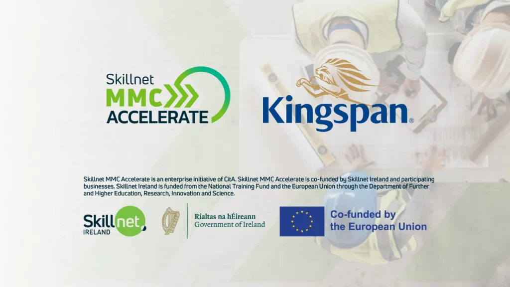 Logo graphic for SkillNet MMC Accelerate and Kingspan partnership, with EU co-funding logos below.