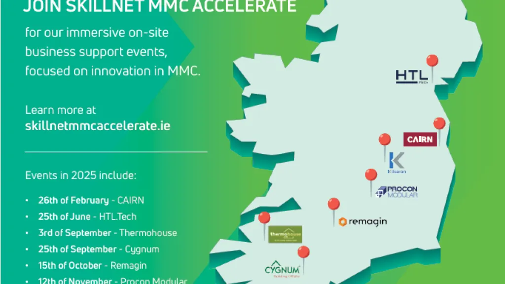 Map of Ireland showing Skillnet MMC Accelerate program locations and partner logos.