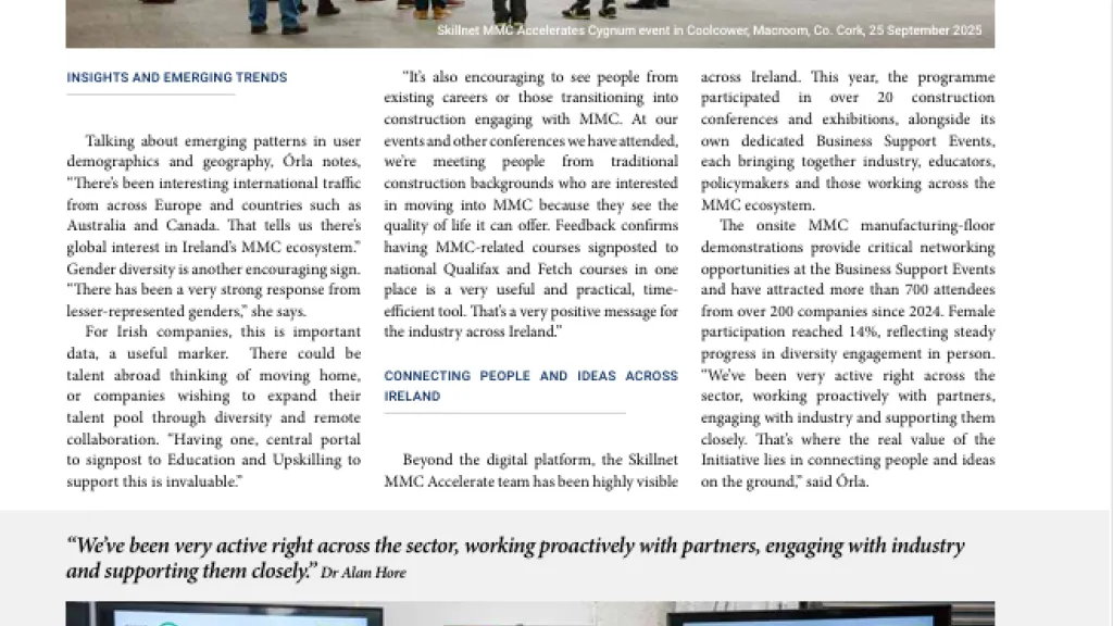 Magazine article page with a group of workers in yellow safety vests touring an industrial facility.