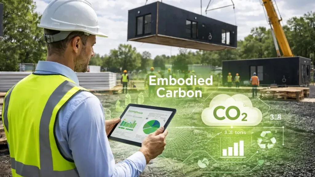 Construction worker in safety vest using tablet at building site, with "Embodied Carbon CO2" graphic overlay.