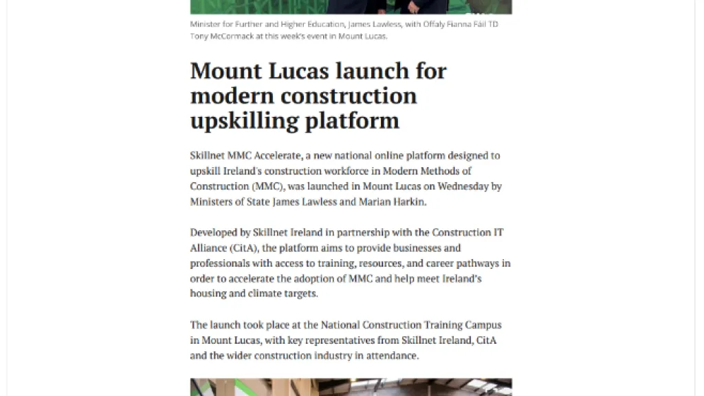 Two men in suits shaking hands at the Mount Lucas modern construction upskilling program launch.