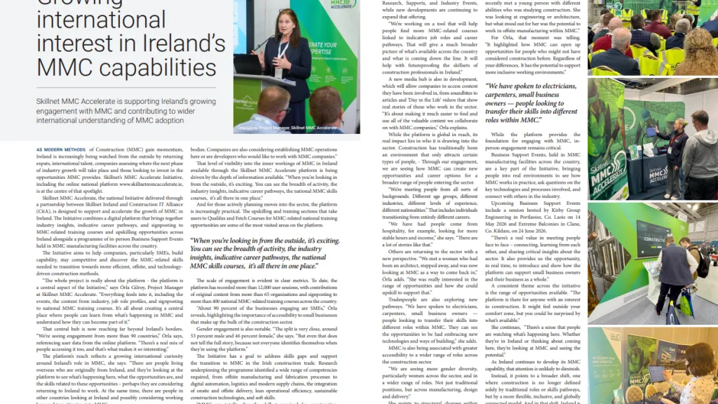 Magazine article spread titled "Growing international interest in Ireland's MMC capabilities" with photos of people at an exhibition.