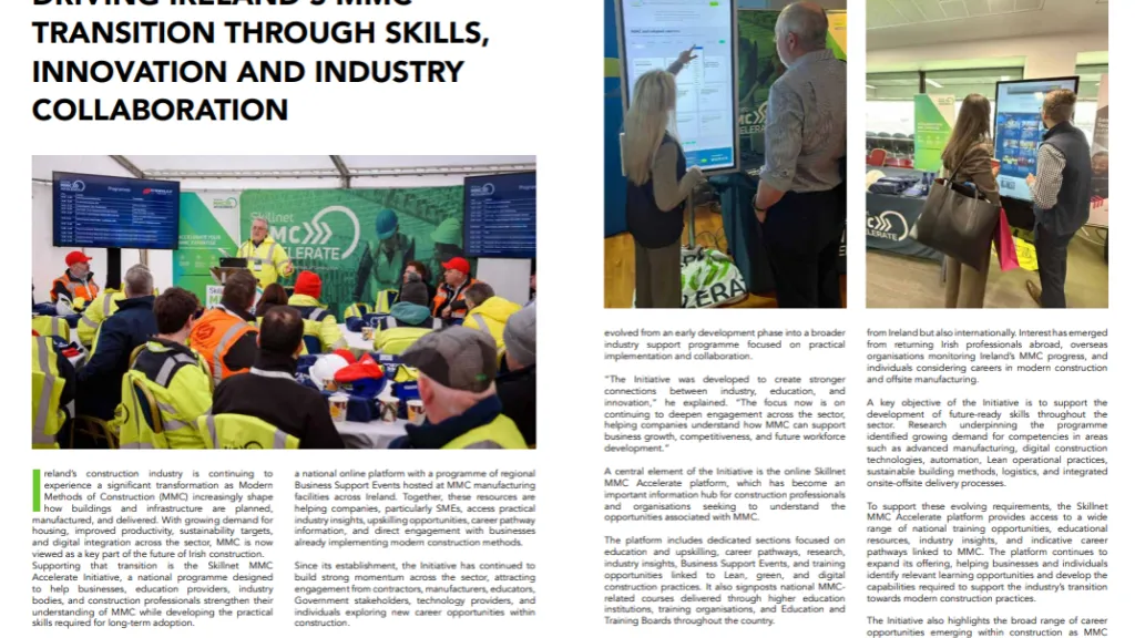 Magazine article spread titled "Driving Ireland's MMC Transition Through Skills, Innovation and Industry Collaboration" with two photos.