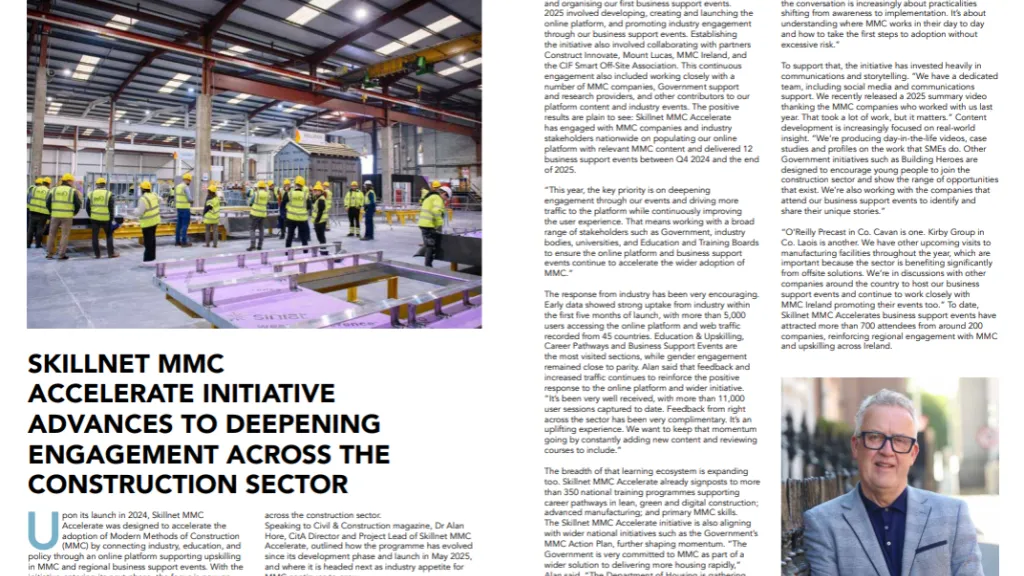 Magazine spread showing a construction facility interior and a portrait of a woman, with article text.