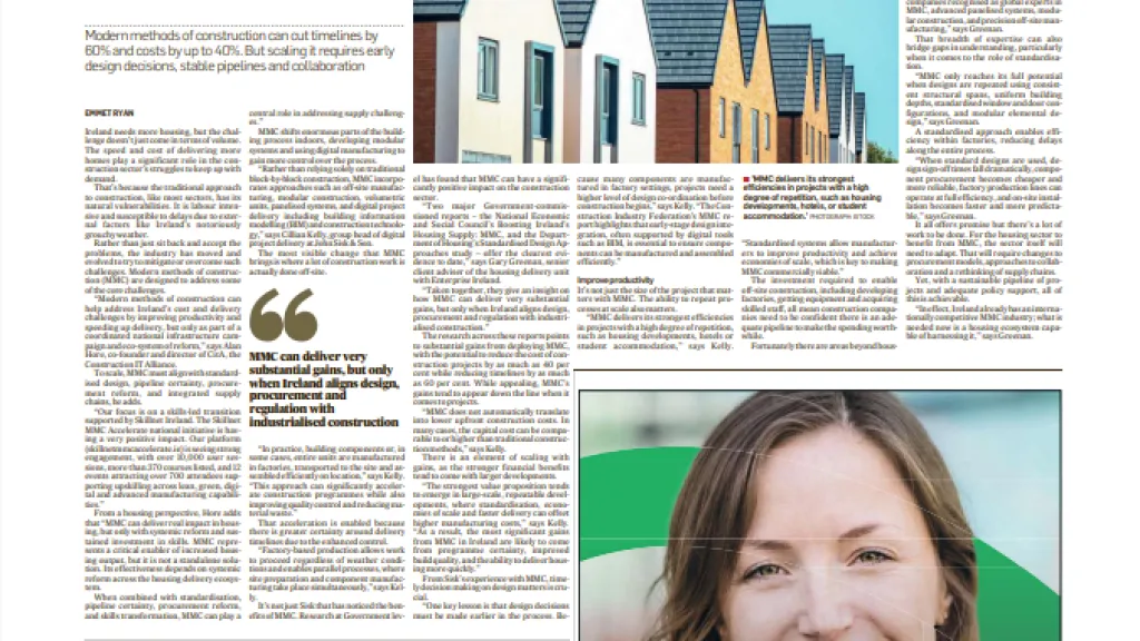 Newspaper page for Construction Summit 2026, featuring articles and a woman's portrait photo.