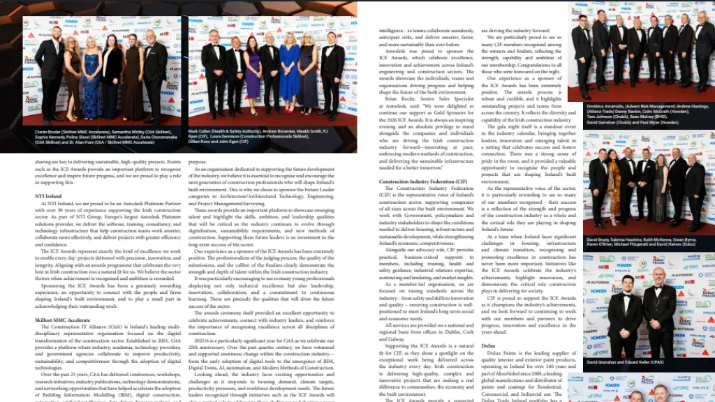 Magazine page with two group photos of formally dressed professionals at an event, alongside columns of text.