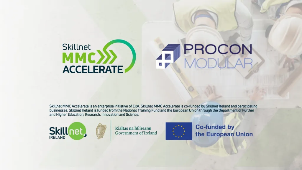 Skillnet MMC Accelerate and Procon Modular logos on a dark banner with EU funding acknowledgment.