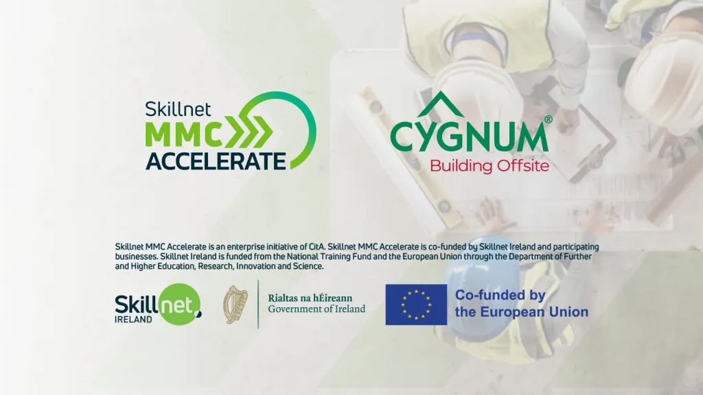Skillnet MMC Accelerate and Cygnum Building Offsite logos on a promotional banner with EU funding badges.