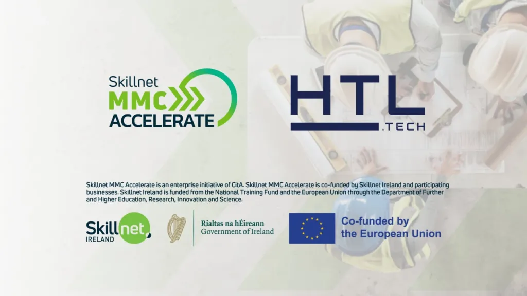 Skillnet MMC Accelerate and HTL Tech logos on a dark background with EU funding logos below.