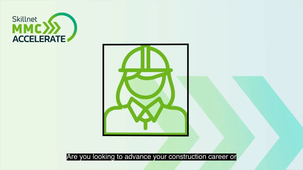 Green line art icon of a construction worker wearing a hard hat, on white background.