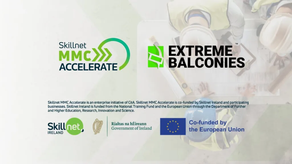 Skillnet MMC Accelerate and Extreme Balconies logos on a white banner with EU funding logos.