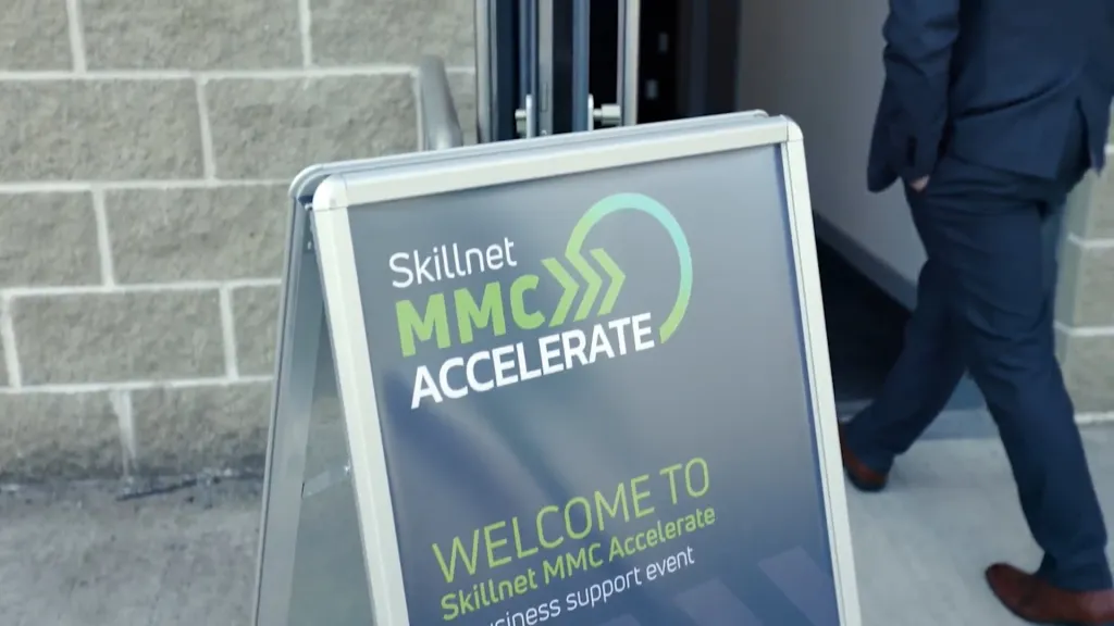 Skillnet MMC Accelerate welcome sign outside an event entrance.