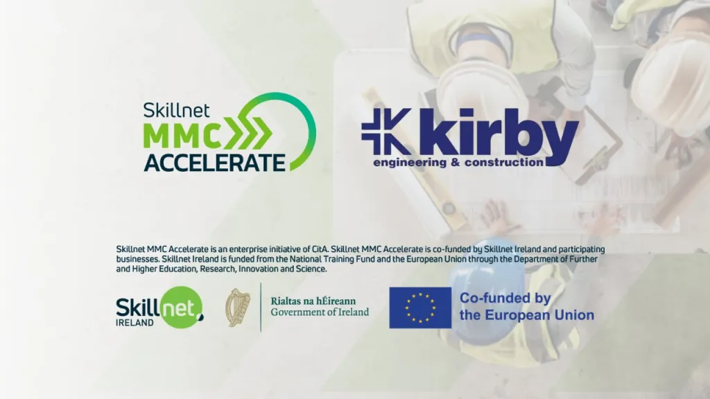 Skillnet MMC Accelerate and Kirby Engineering &amp; Construction logos on a white banner with EU funding acknowledgment.