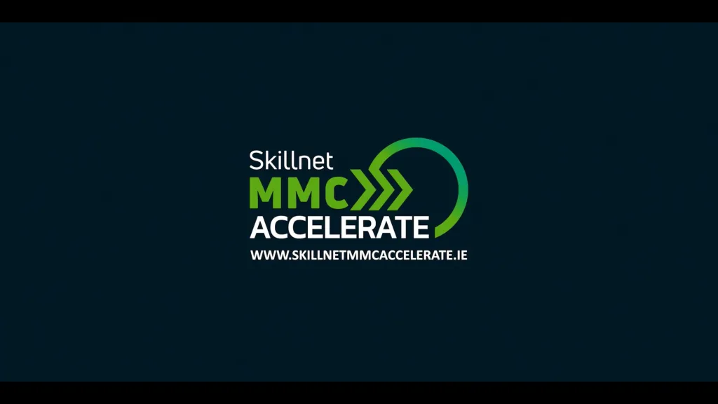 Logo of Skillnet MMC Accelerate on a dark background with green and yellow chevron design.