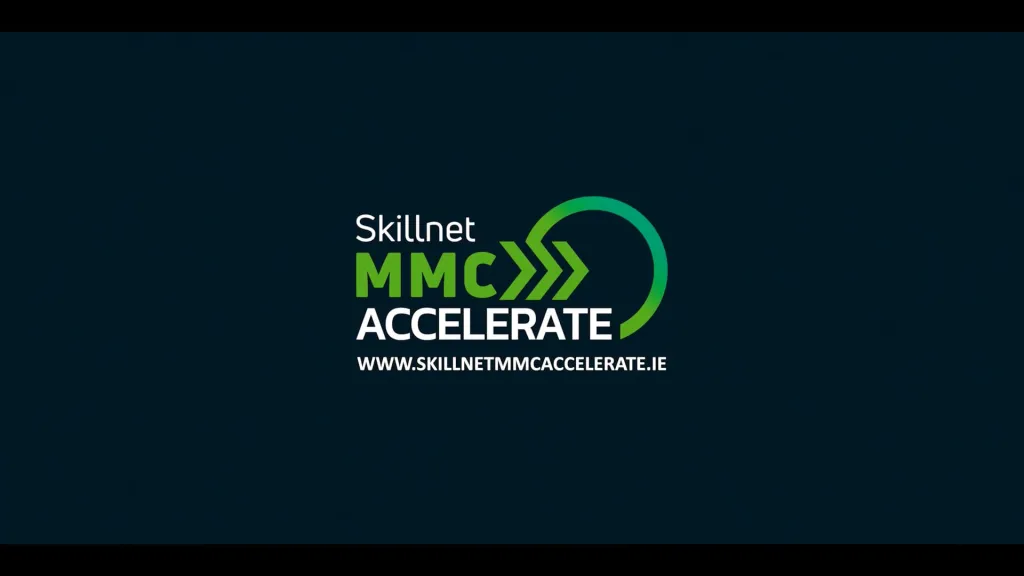 Skillnet MMC Accelerate logo with green arrow design on dark background.
