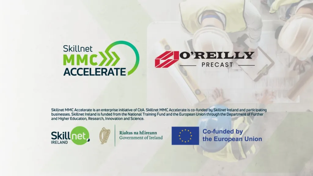 Skillnet MMC Accelerate and O'Reilly Podcast logos on dark background, co-funded by the European Union.
