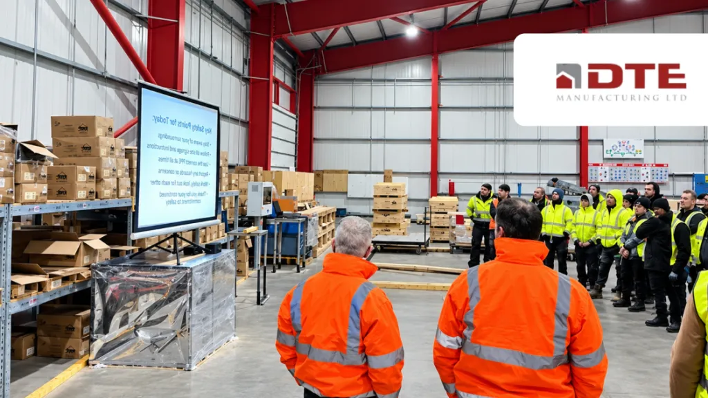 Workers in orange hi-vis vests attend a warehouse presentation, with the DTE logo visible.