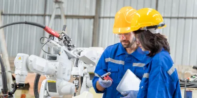 Two people wearing work clothes and yellow hard hats are standing next to a robot.