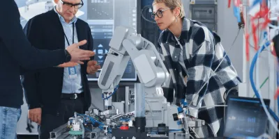 Group of people working with a robert at the lab
