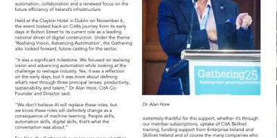Magazine article featuring a man speaking at a podium with a blue backdrop, titled "From Vision to Automation."