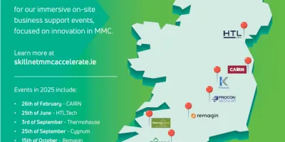 Map of Ireland showing Skillnet MMC Accelerate program locations and partner logos.