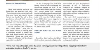 Magazine article page with a group of workers in yellow safety vests touring an industrial facility.