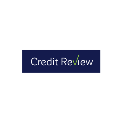 Dark blue rectangular logo with "Credit Review" text in white