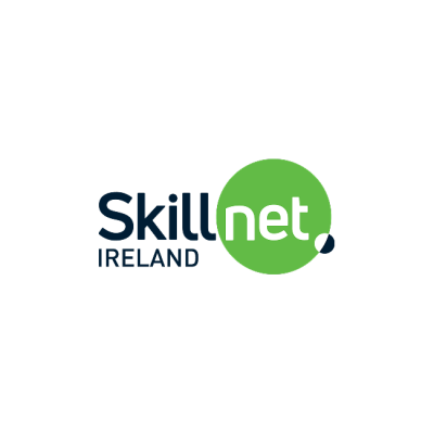 Skillnet Ireland logo with dark text and green circular element.