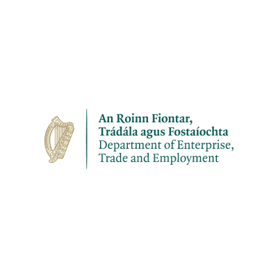 Logo of the Department of Enterprise, Trade and Employment with Irish harp symbol.